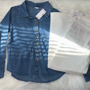Girls Denim Button Down Shirt & White Jeans Set